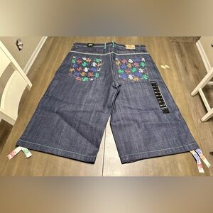Vtg NWT Sz 42 Koman Denim Blue Jeans Shorts Embellished Pockets Y2K Hip Hop